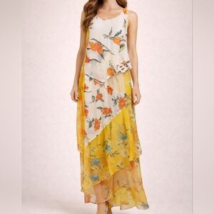 SACRED THREADS Canary Yellow Assymetric Floral Chiffon Sleeveless Maxi Dress